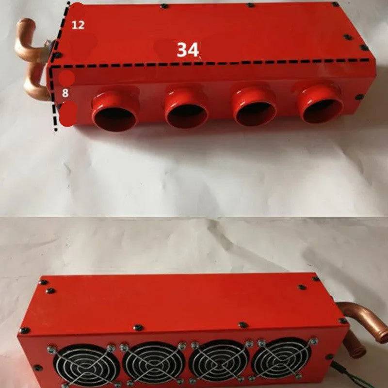 Long metal car heater unit with four copper pipe connectors for engine coolant.