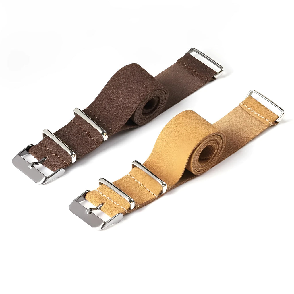 Genuine leather watch strap with velvet finish in brown, 20mm width, retro artistic style on display