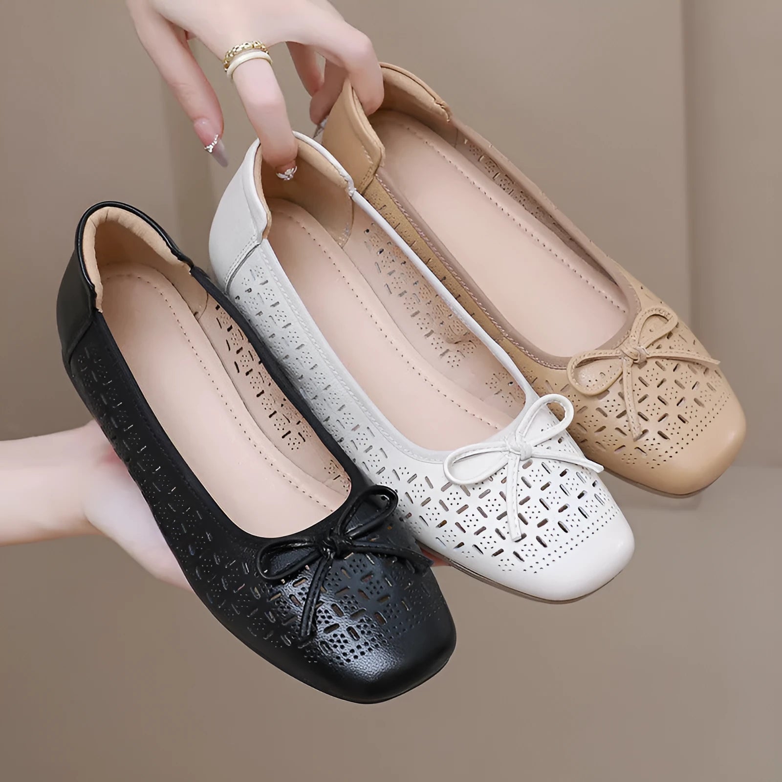 Summer genuine leather breathable low-cut women's shoes in black with rubber sole