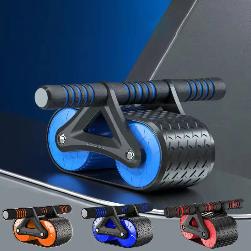 Double wheel abdominal exerciser with automatic rebound and blue kneeling pad on a dark surface