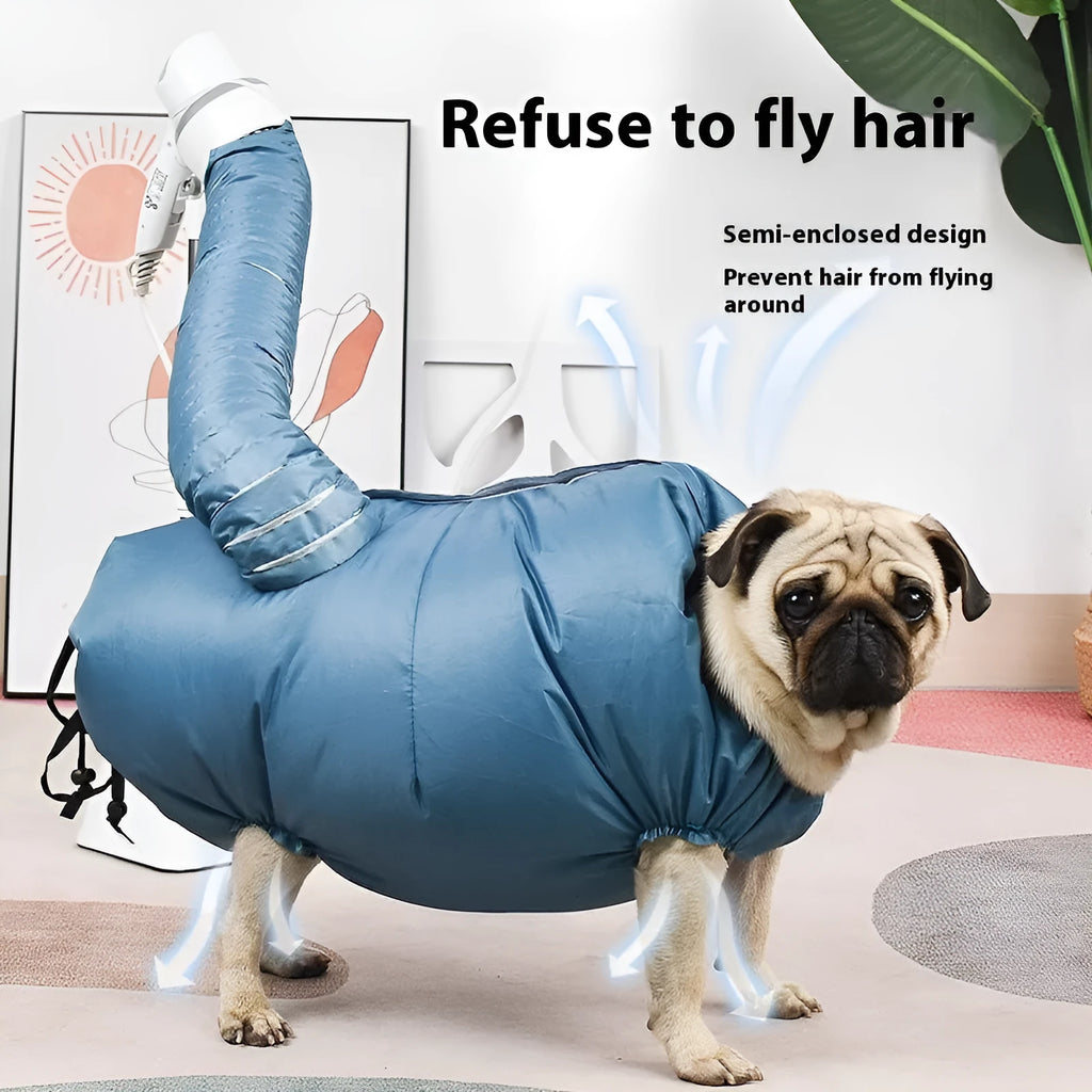 Blue automatic dog drying bag made from high-density Oxford cloth with silver-plated film lining, suitable for small to large dogs