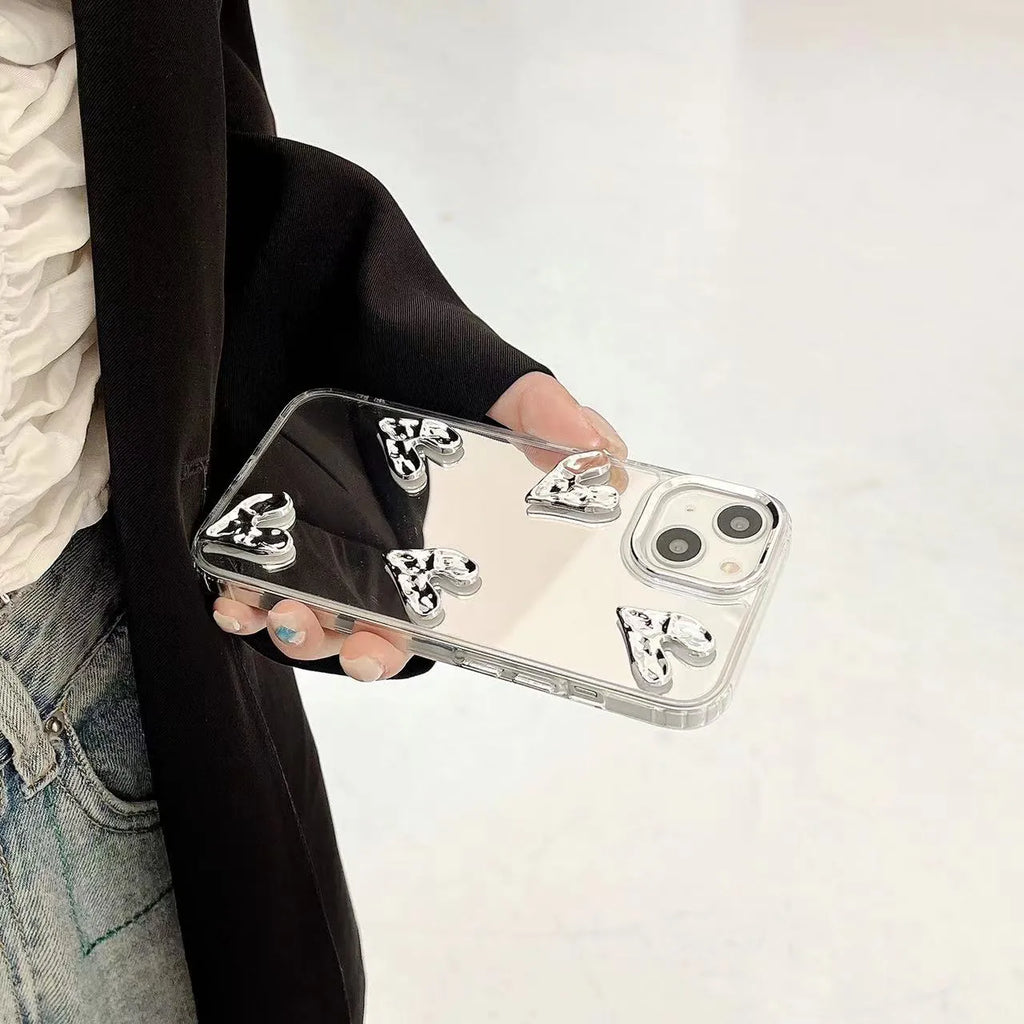 White electroplated mirror phone case for iPhone 14 Pro Max with three-dimensional love pattern and soft TPU construction