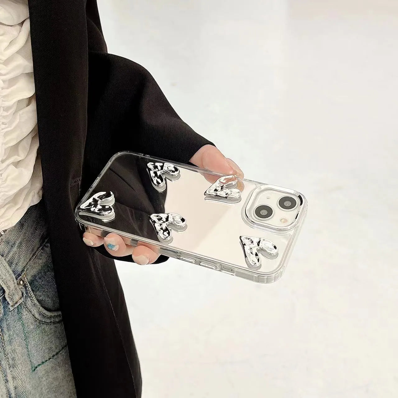 White electroplated mirror phone case for iPhone 14 Pro Max with three-dimensional love pattern and soft TPU construction