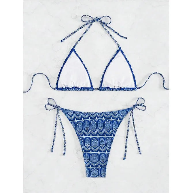Women's split bikini bandage swimsuit in polyester fabric with printing stitching details