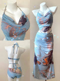 Women's blue printed bikini set with push-up top, bottoms, and removable skirt showing steel support structure