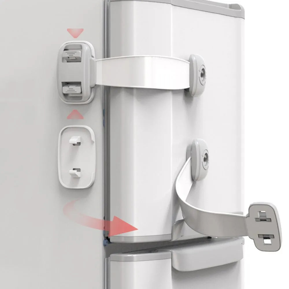 Grey and green adjustable strap child safety lock for cabinets and drawers with adhesive backing