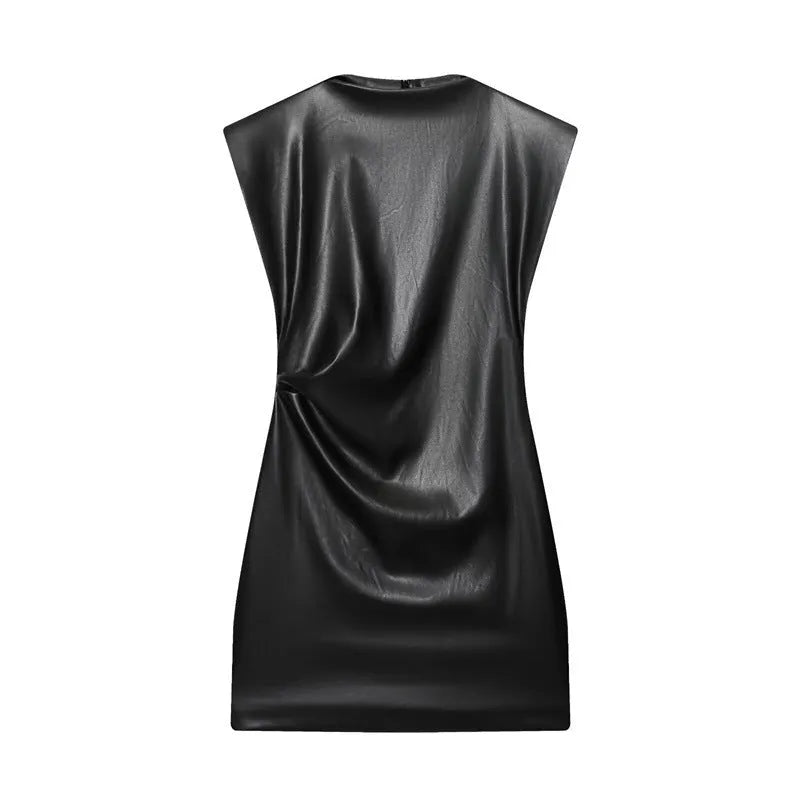 Black faux leather padded shoulder hooded short dress with long sleeves, mid waist and asymmetric pleated skirt
