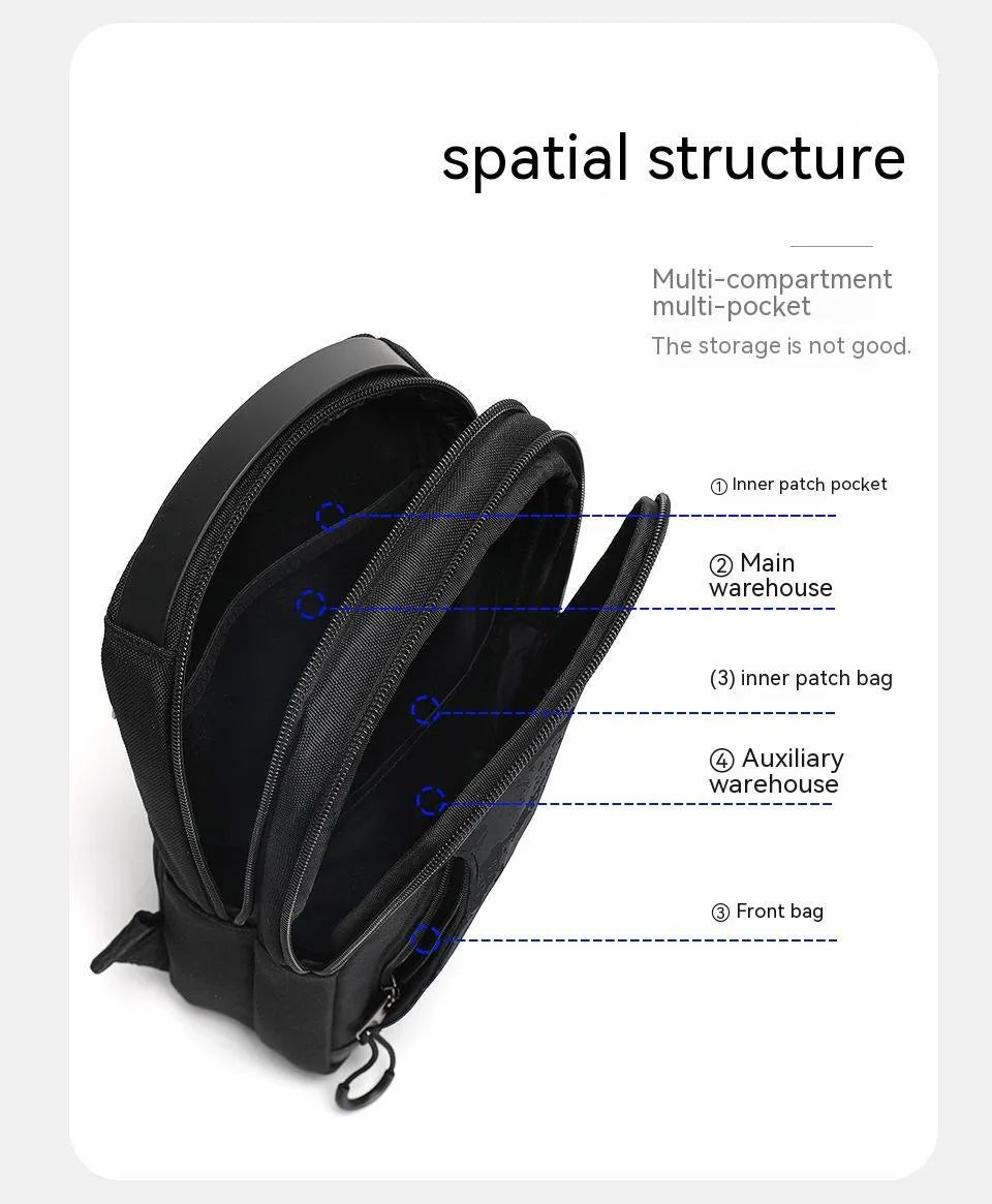Casual black waterproof TPU chest bag with landscape camouflage pattern and adjustable shoulder strap