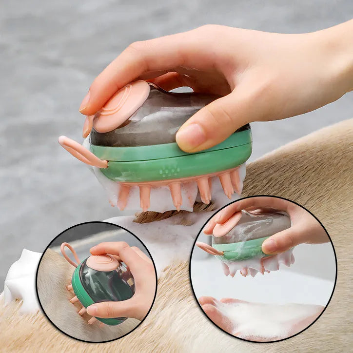 Blue pet bath brush with silicone bristles and shampoo dispenser in handle