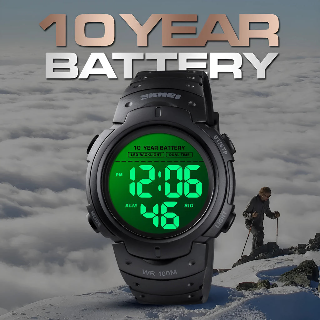 Men's army green outdoor sports watch with circular 47mm dial, luminous LED display, and PU strap