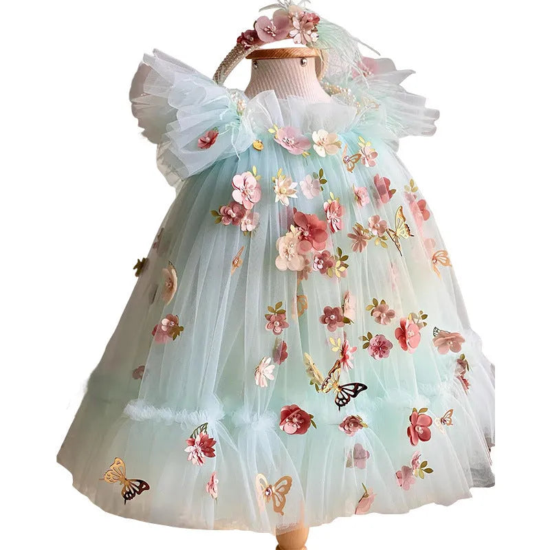 Children's princess dress with flower and butterfly embroidery on bodice in picture colour