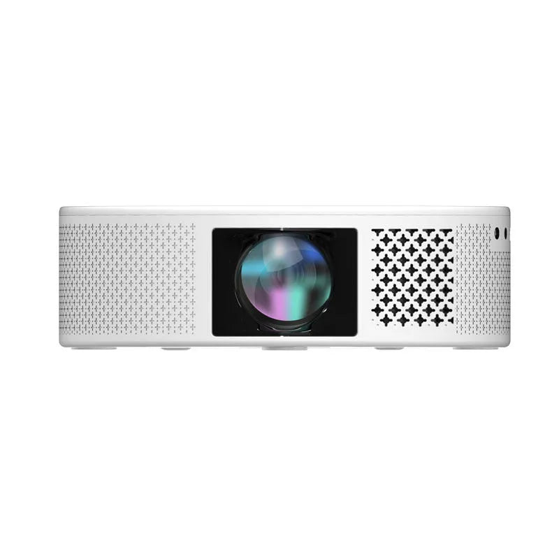 White plastic 720p wireless HD projector with electric focus, remote control, and power cord for home office or theater use.