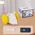 Electric interactive cat toy showing blue technology mouse design with remote control and USB charging cable