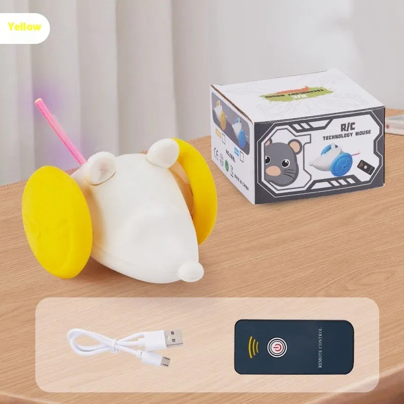 Electric interactive cat toy showing blue technology mouse design with remote control and USB charging cable