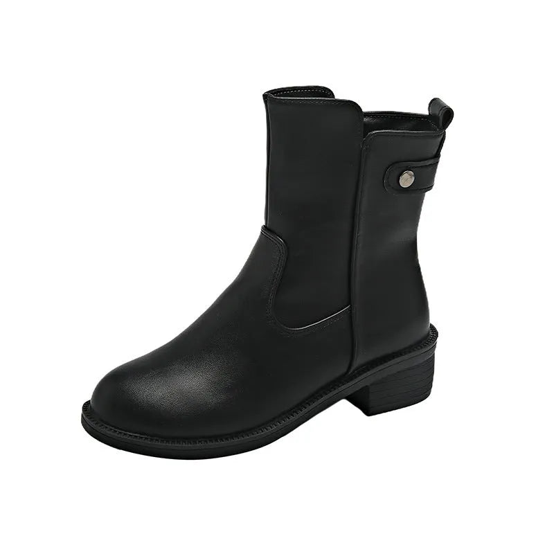 Black women's ankle boots with side zip and low round toe on rubber sole