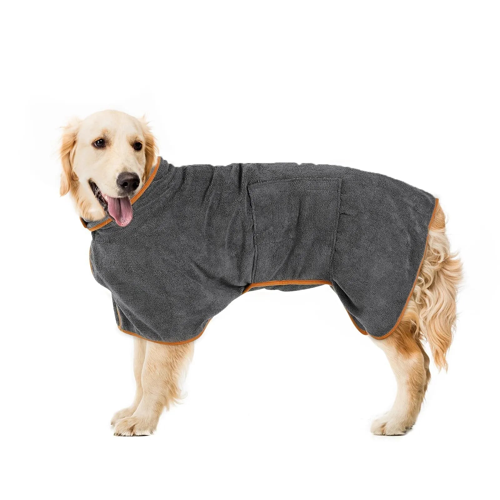 Grey nylon dog robe drying towel shown on a small dog, with orange edge trim visible.