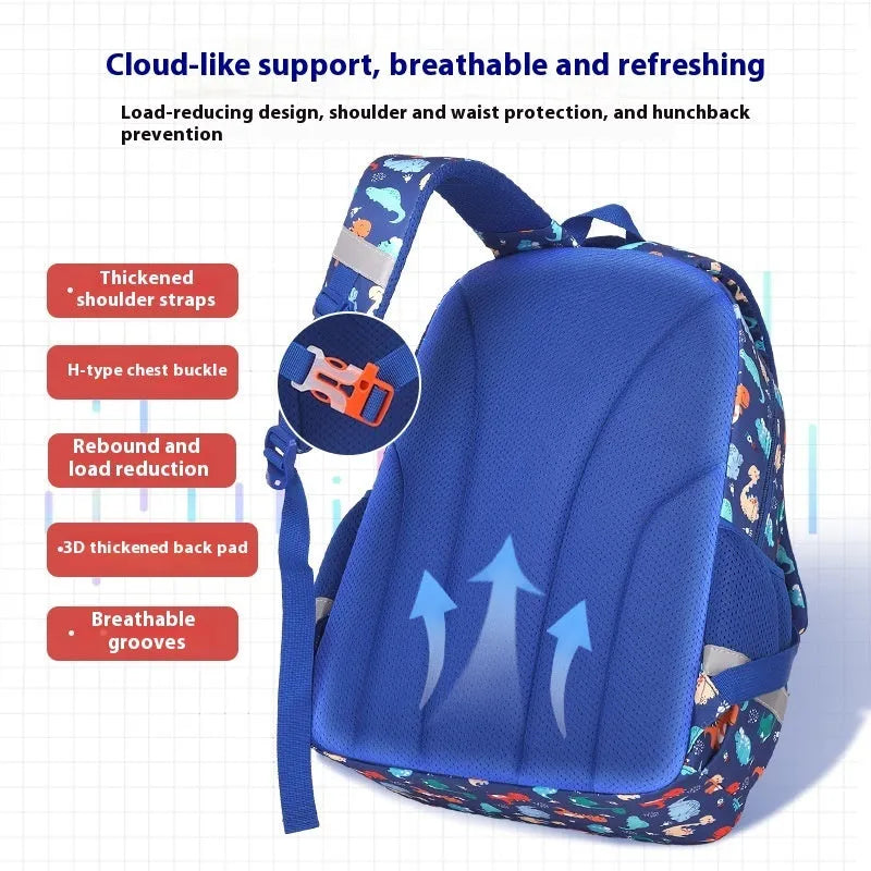 Blue children's school backpack made from Oxford cloth with curved straps, shown in a dinosaur pattern design.