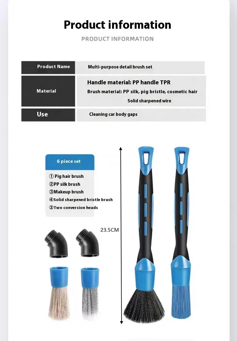 Blue detachable car wash brush set with four brush heads two handles and two elbows for engine bay cleaning