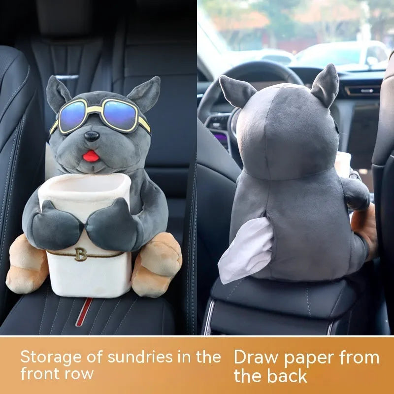 Plush car tissue box hanging from armrest showing 27x33cm dimensions and novelty dog design