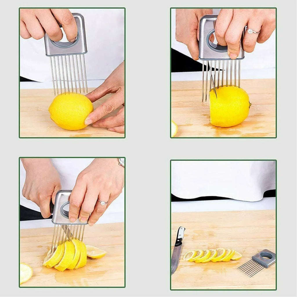Stainless steel onion holder kitchen tool with sharp prongs and a red finger guard protector on a cutting board.