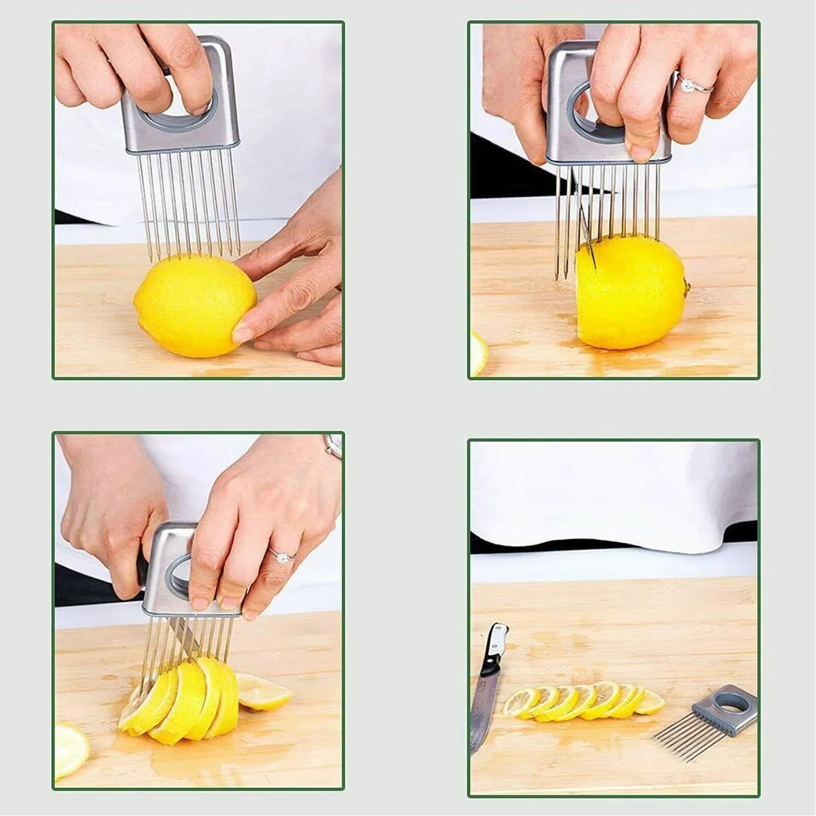 Stainless steel onion holder kitchen tool with sharp prongs and a red finger guard protector on a cutting board.