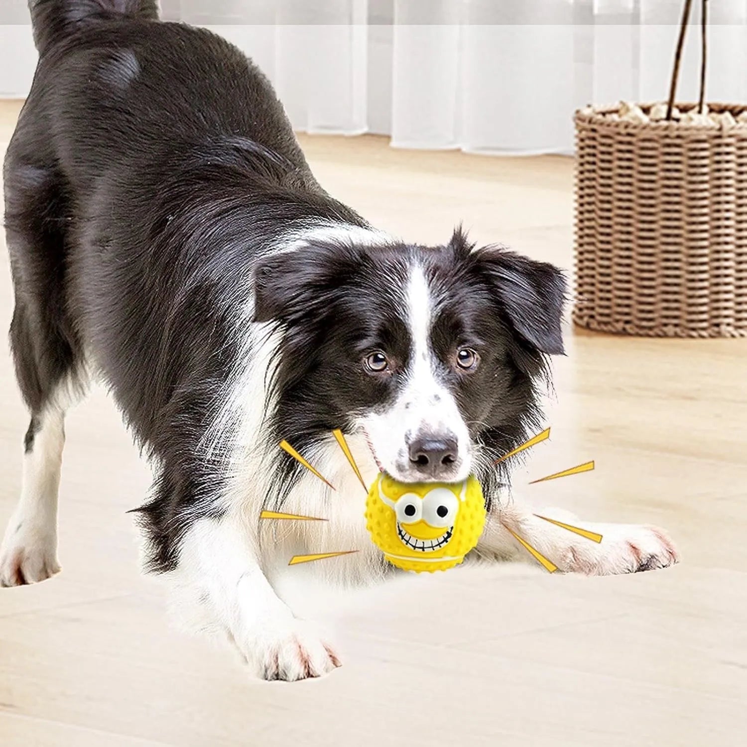 Green latex dog ball with smile face design showing squeaky chew toy