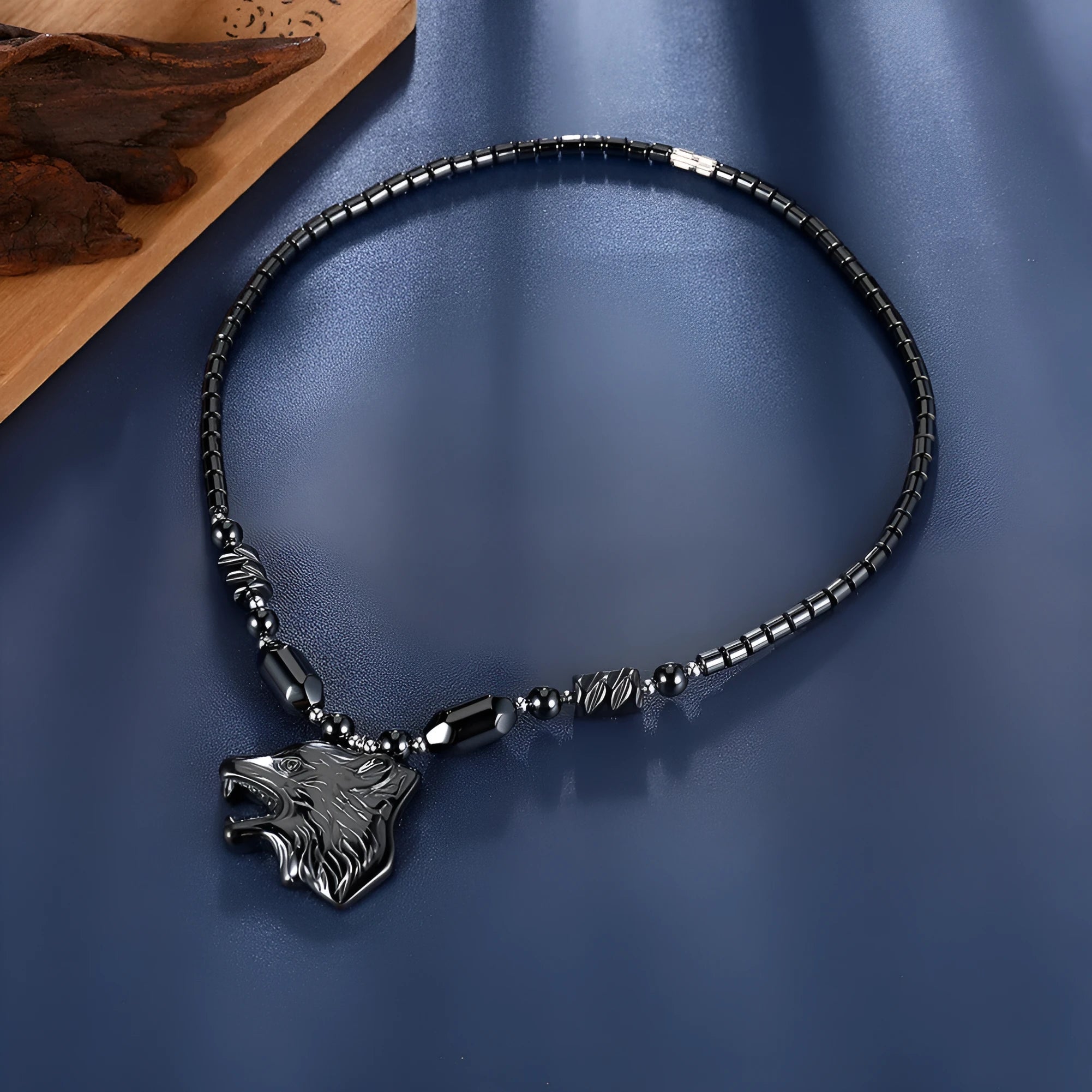 Milk Tea exaggerated wolf head necklace with copper pendant and water wave chain