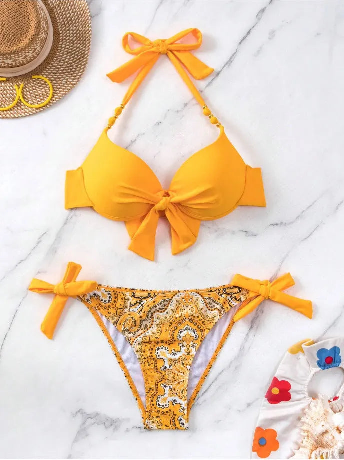 Ladies polyester bikini swimsuit in fluorescent green with matching top and pants