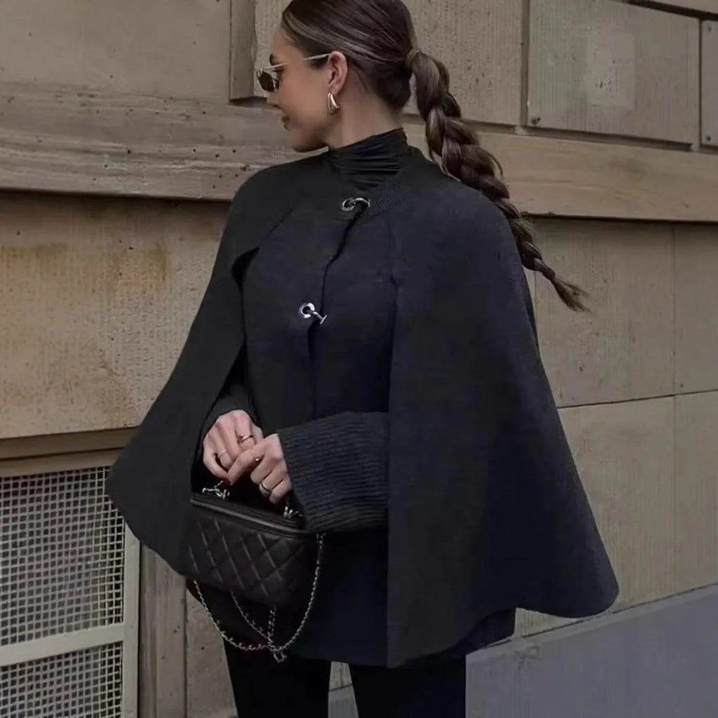 Cape round neck long sleeve knitted sweater coat in solid colour polyester, available in gray and wine red, sizes S M L
