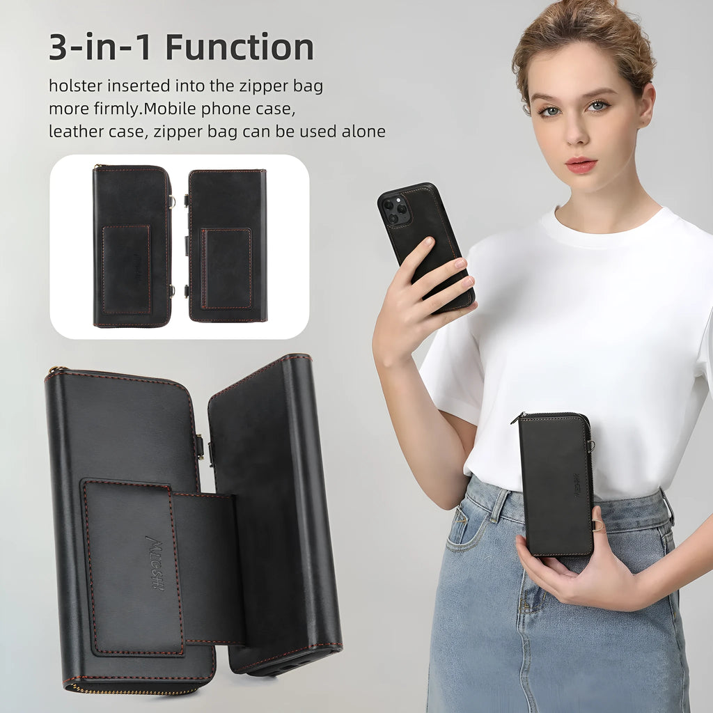 PU leather crossbody wallet phone case with card slot and stand for iPhone 16, black colour