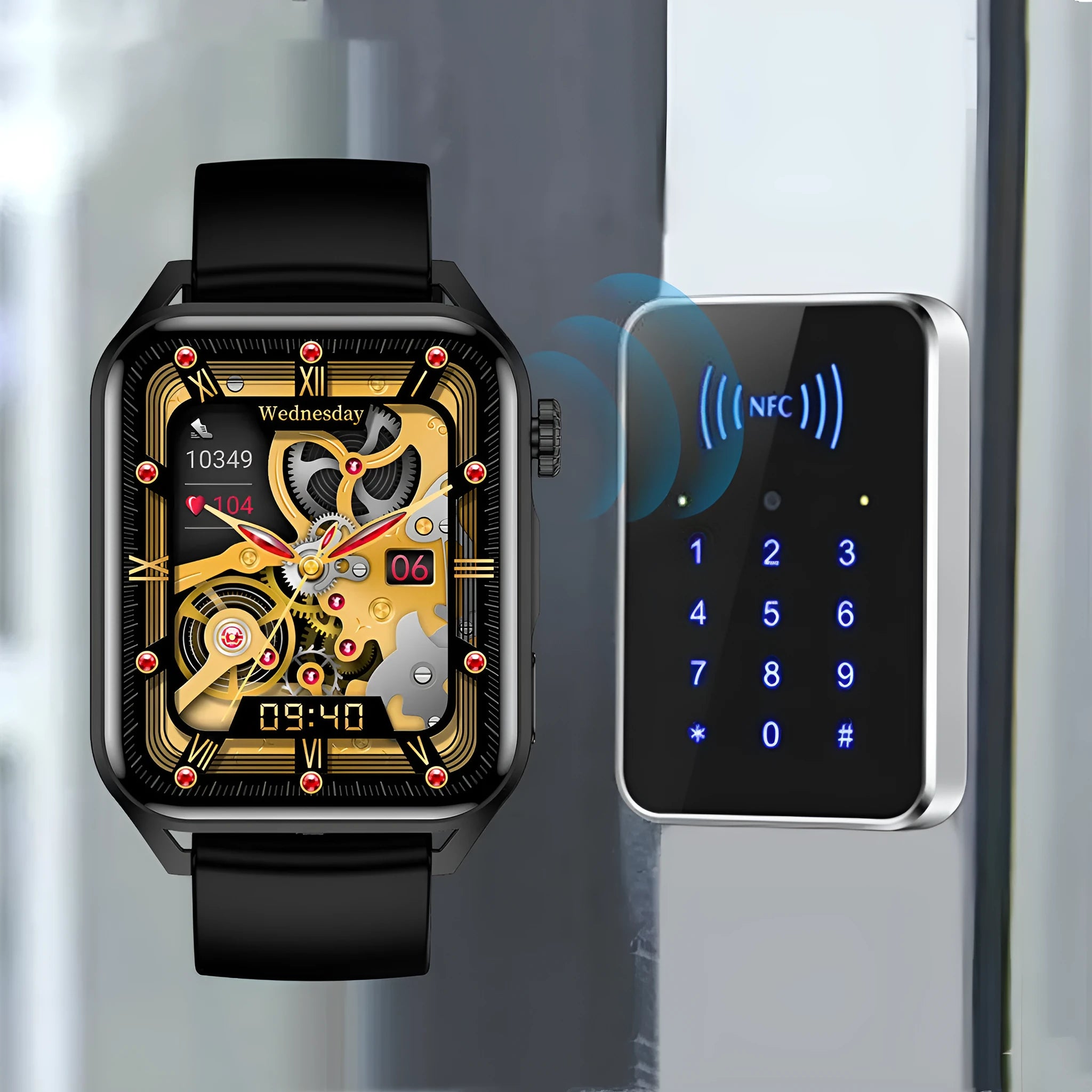 Smart watch with a pink silicone strap showing its AMOLED screen and compact case.