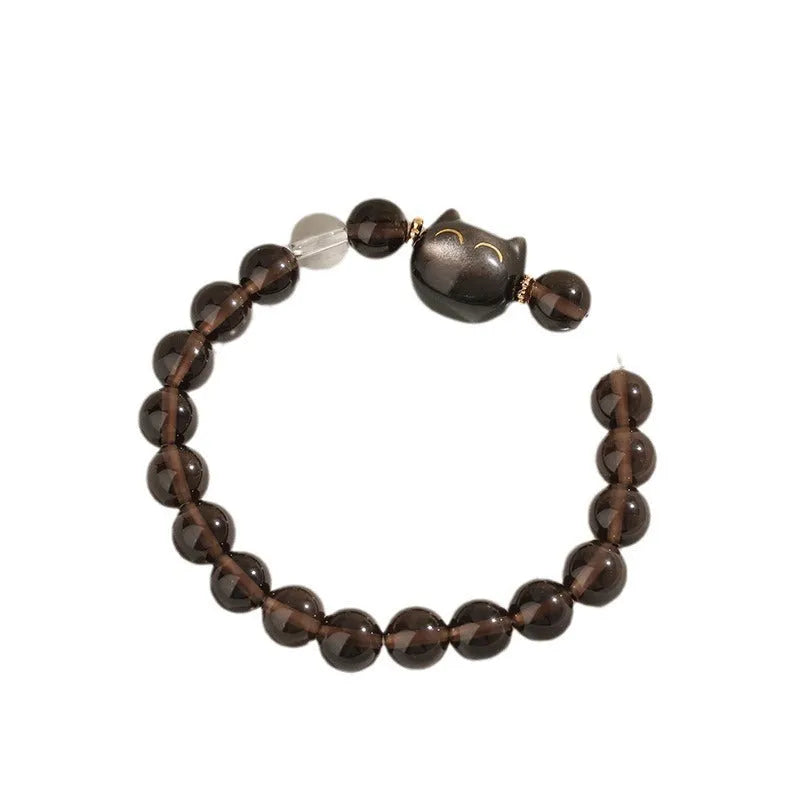 Women's natural silver stone cat head bracelet with 8mm ice stone opal centrepiece