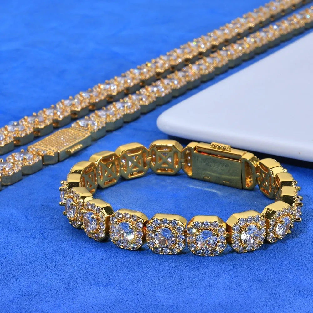 Personalised full diamond men's bracelet rock sugar chain copper gold colour width 10mm length 22.86cm