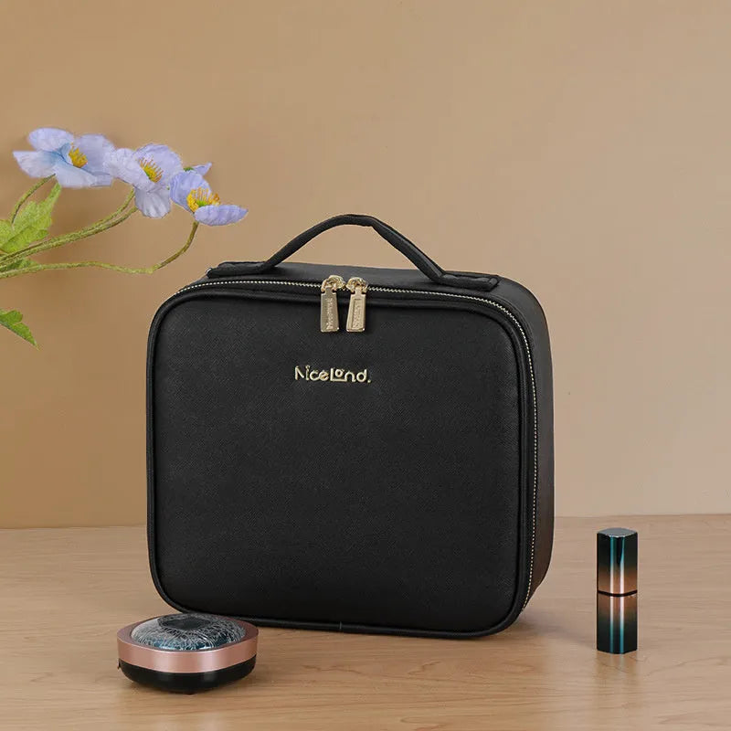 Large capacity cosmetics storage bag with full screen mirror and LED lamp ring, 26x23x11cm, polyurethane leather, USB powered