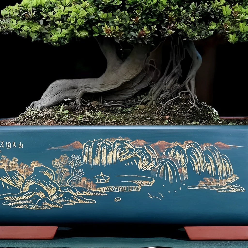 Handmade deep blue black rectangle purple clay bonsai pot on a wooden surface.