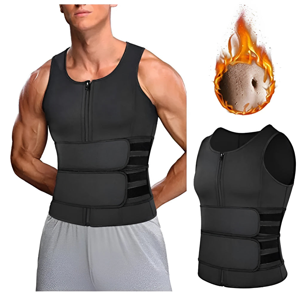 Men's double-belt waist trainer vest in black neoprene, front view, showing adjustable belts