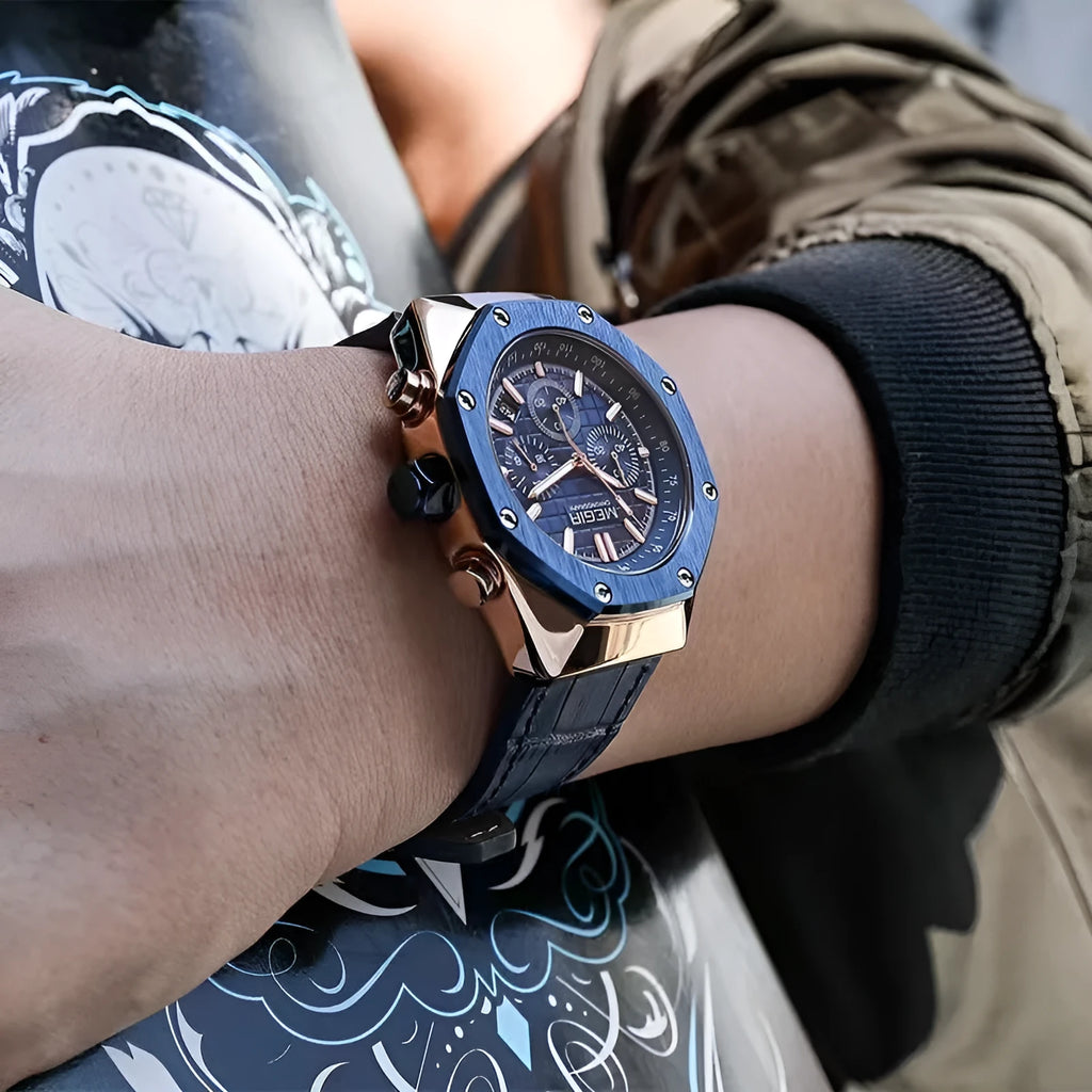 Men's multifunctional waterproof quartz chronograph watch with choice of blue or black steel straps.