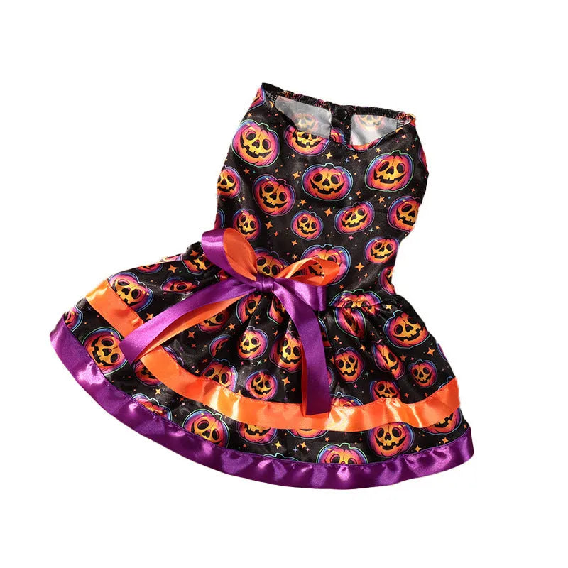Halloween dog skirt with colourful pumpkin and skull prints, shown on a model dog.