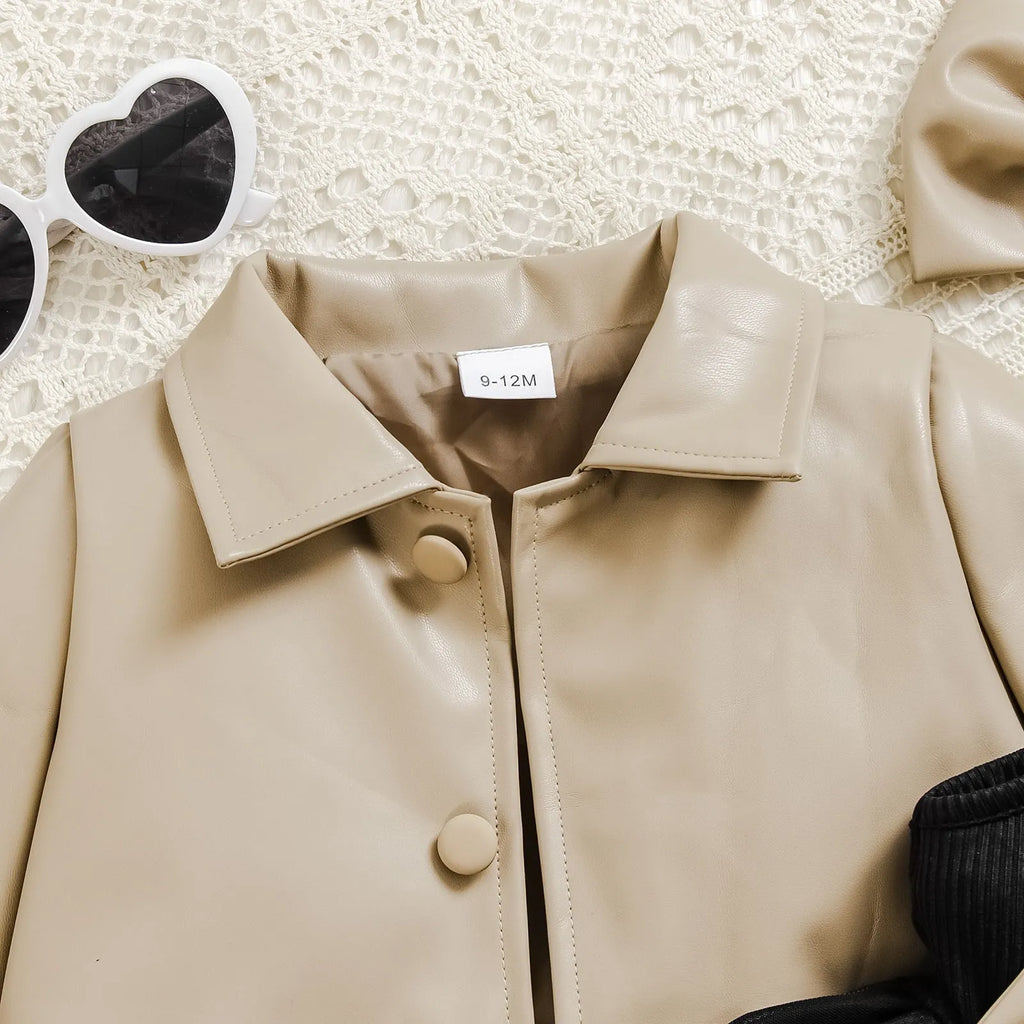 Girls khaki flowers pattern two-piece leather jacket and suspender skirt set for toddlers 3 months to 3 years