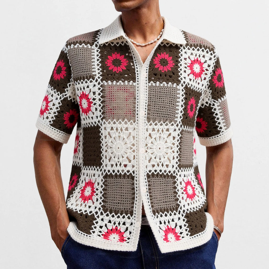 White crochet sweater dress with retro ethnic hollow pattern and short sleeves