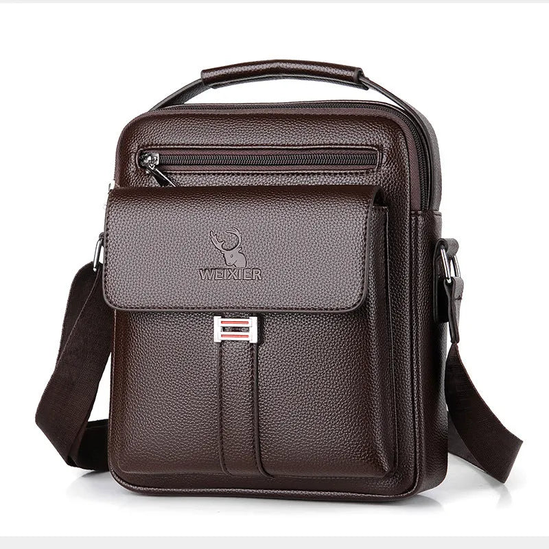 Men's PU leather crossbody shoulder bag in black plain finish with visible sewing line detail and crossbody strap
