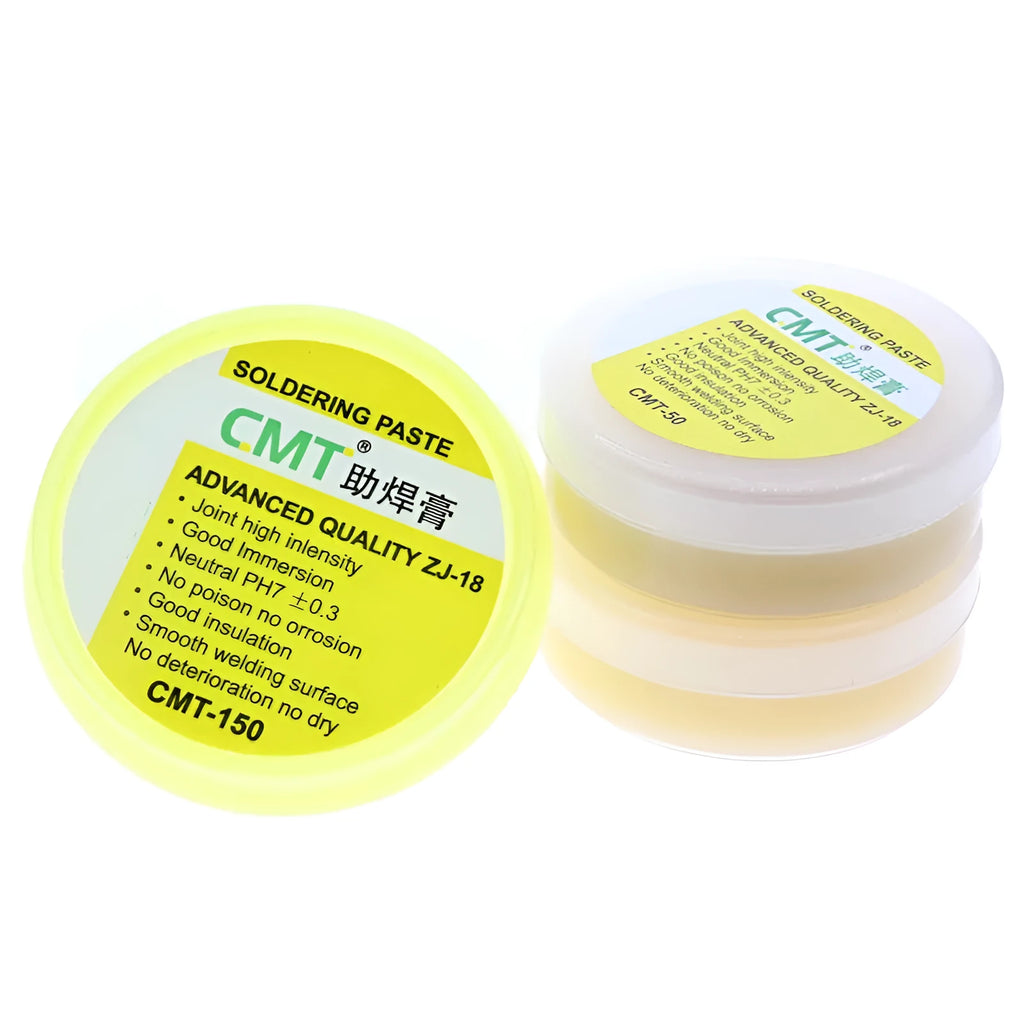 Container of rosin soldering flux paste for use with an electric soldering iron.