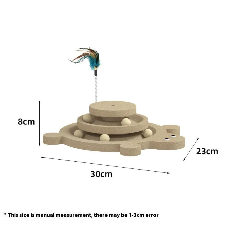 Solid wood cat climbing frame with rotating turntable and sisal scratching post in a panda design.
