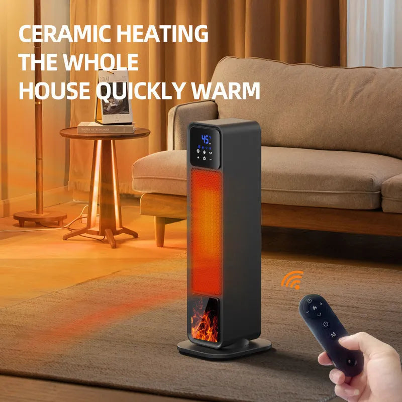 Black standing electric heater with remote control, 2200W ceramic heating, shaking head, timer over 8 hours