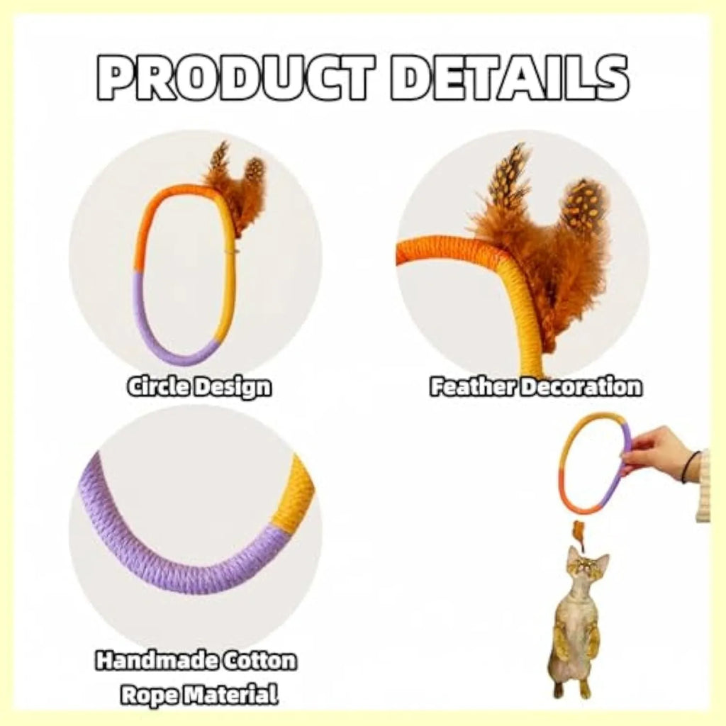 Green circular cotton rope cat toy with white feather attachments