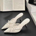 Women's lace pointed toe high heels with bowknot detail in light brown colour