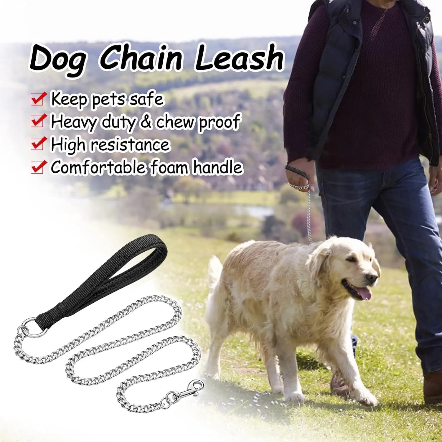 Heavy duty metal dog leash with a soft black padded handle and a chrome-plated chain.