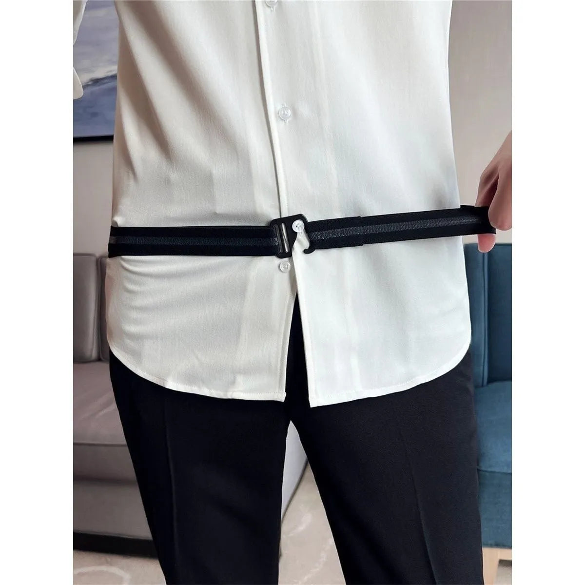 Black men's non-slip shirt band with nylon strap and plastic hook buckle, 2-4cm width