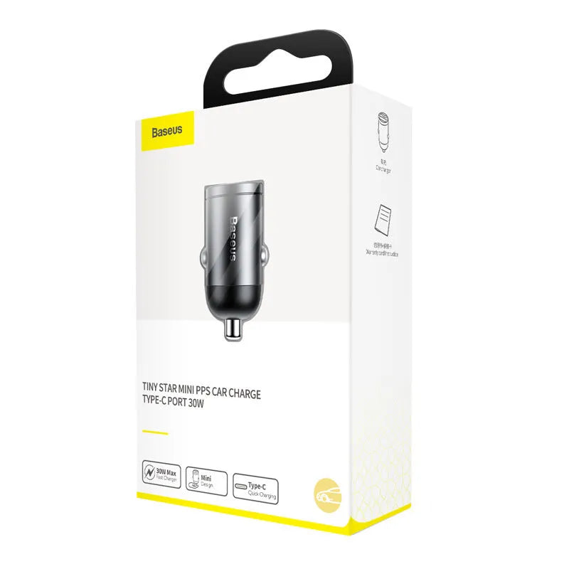 Electro-optical grey 30W USB car charger with a 1 metre long cable plugged into a vehicle socket.