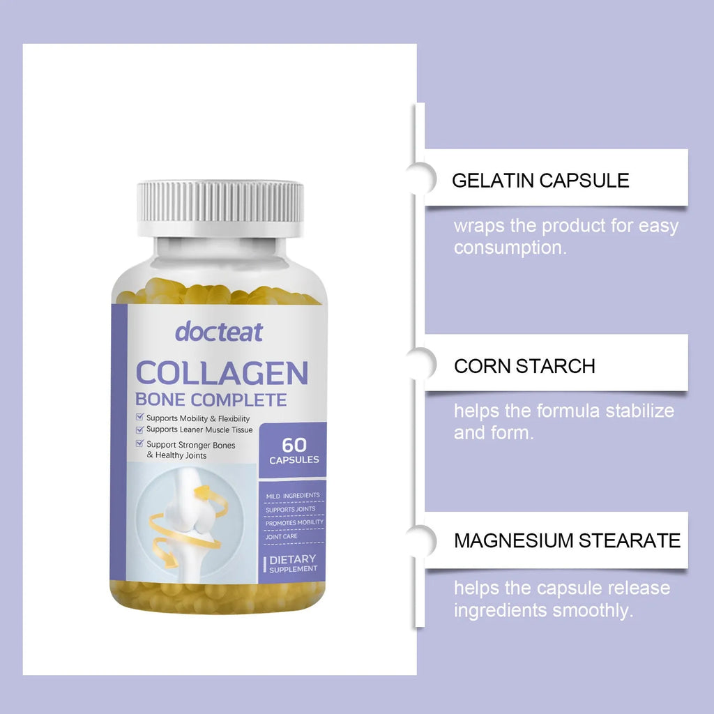 Bottle of marine collagen capsules with vitamins C, D3, K2 and calcium - 60 count